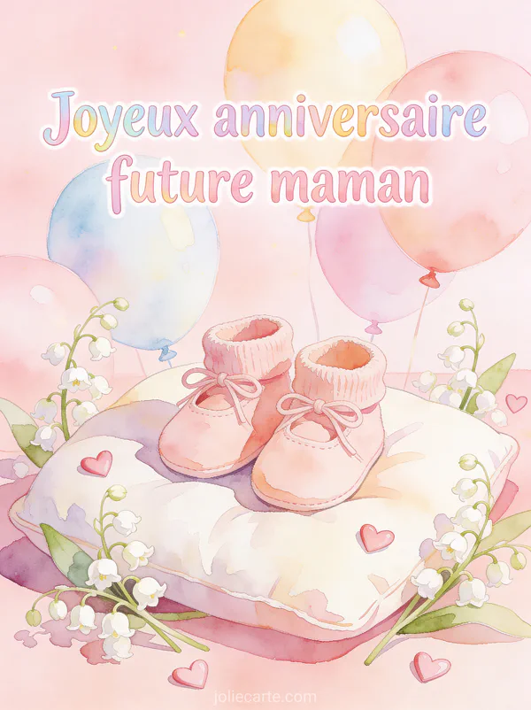 Illustration de petits chaussons de bébé roses sur un coussin entourés de muguet et cœurs avec ballons pastel