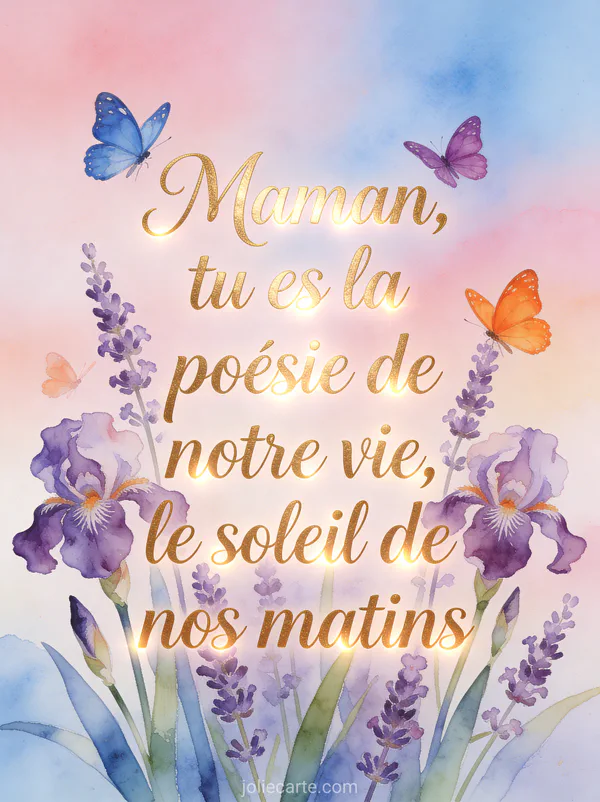 Illustration aquarelle de papillons colorés virevoltant autour de fleurs d'iris et de lavande avec le texte Maman tu es la poésie de notre vie