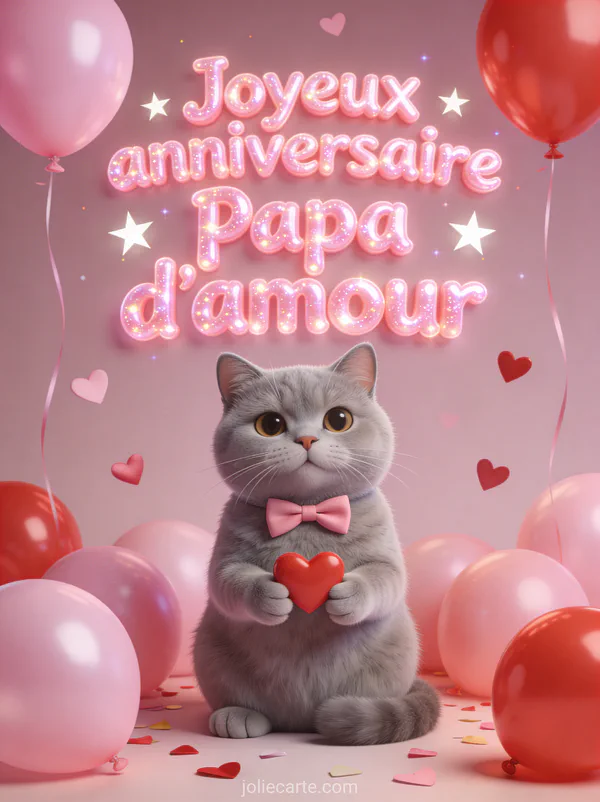 Chat british shorthair gris avec noeud papillon rose tenant un cœur rouge entouré de ballons roses et confettis