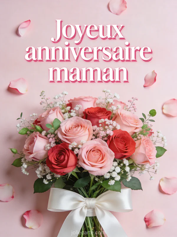 Luxueux bouquet de roses roses et rouges avec gypsophiles noué d'un ruban satin blanc avec le texte Joyeux anniversaire maman