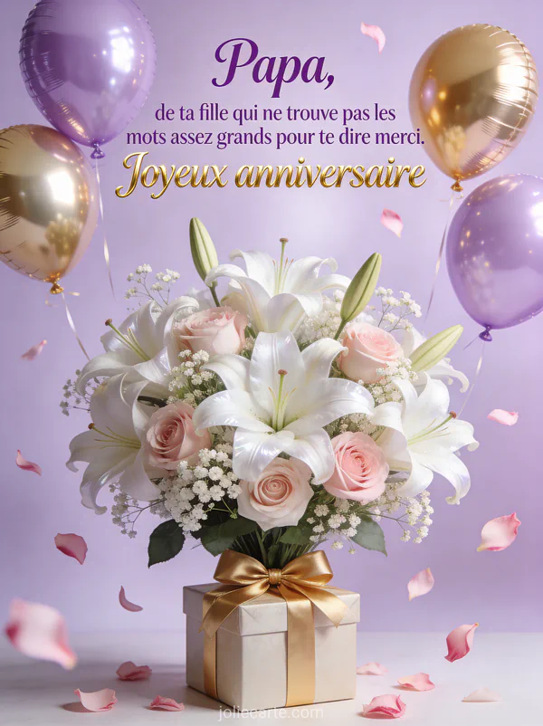 Bouquet de lys blancs et roses avec gypsophiles ballons lilas et dorés et cadeau avec nœud doré sur fond lavande