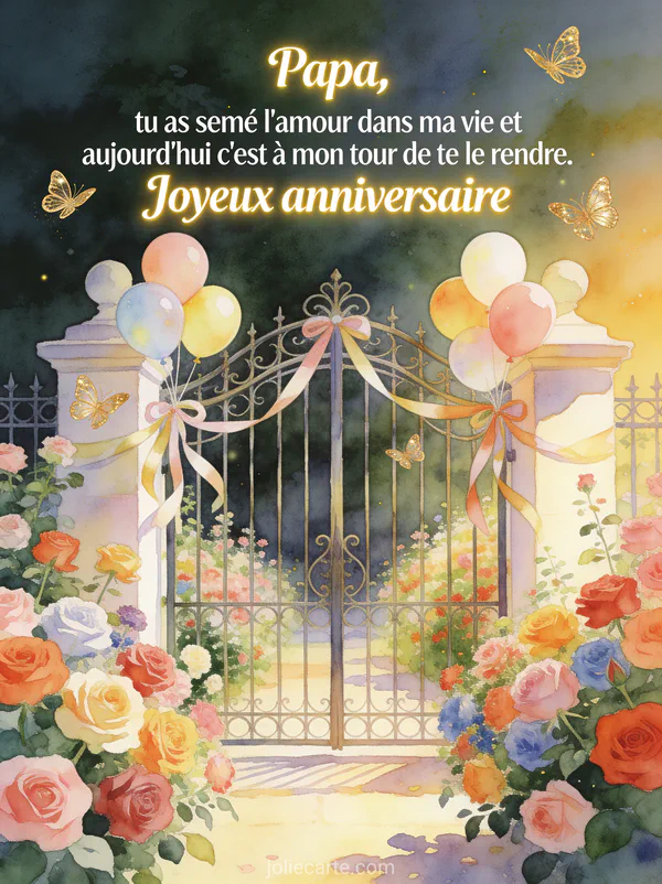 Jardin de roses multicolores avec portail en fer forgé décoré de ballons et rubans papillons dorés dans la lumière dorée