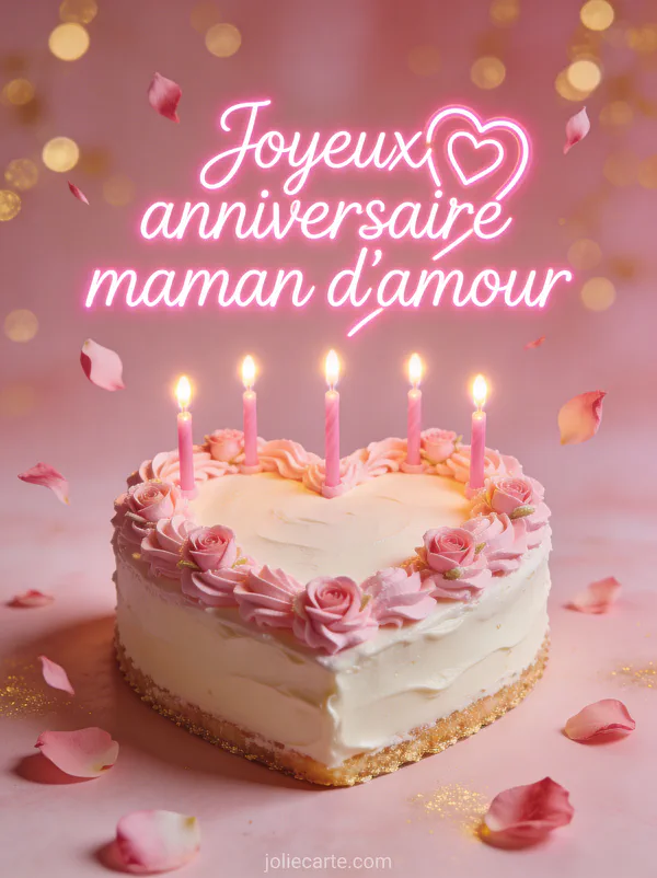 Gâteau en forme de cœur décoré de crème rose et roses en sucre avec bougies et pétales de roses sur fond rose tendre