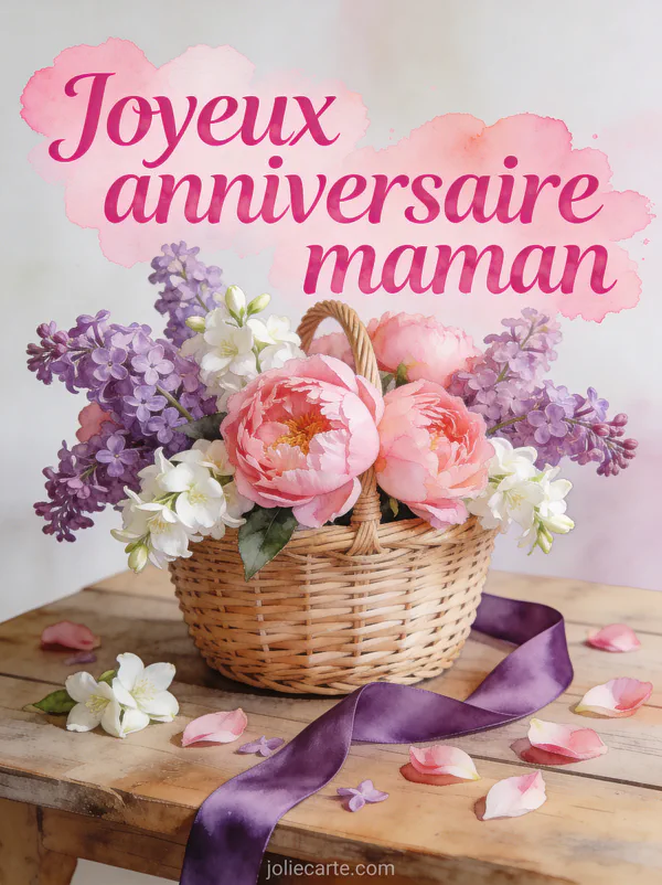 Arrangement de pivoines roses lilas mauve et jasmin blanc dans un panier en osier avec ruban violet et le texte Joyeux anniversaire maman