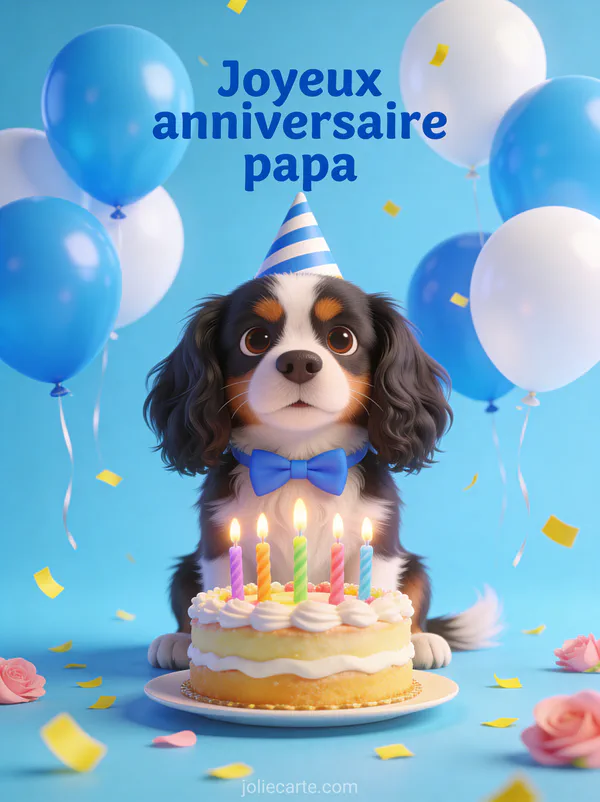 Chien cavalier king charles avec chapeau de fête devant un gâteau d'anniversaire avec ballons bleus et confettis
