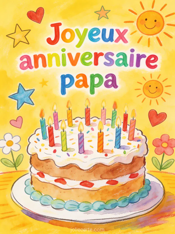 Dessin naïf coloré d'un gâteau d'anniversaire avec bougies étoiles soleils fleurs et cœurs style enfantin