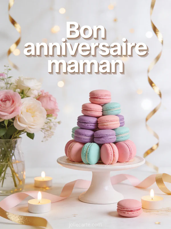Table de fête avec pyramide de macarons pastel, fleurs fraîches et bougies sur fond blanc lumineux avec le texte Bon anniversaire maman