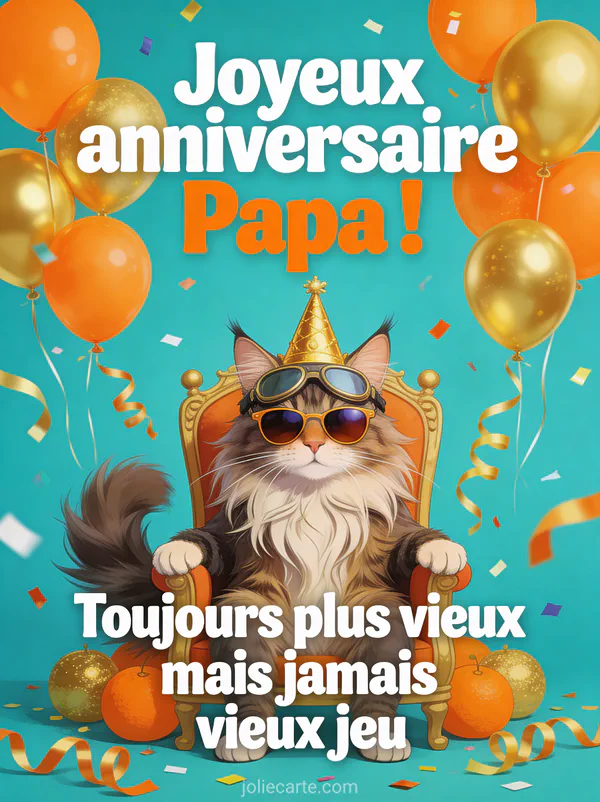 Chat maine coon avec lunettes de soleil aviateur et chapeau de fête doré sur fauteuil entouré de ballons et confettis