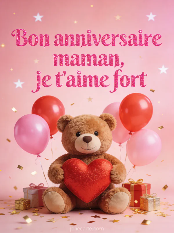 Illustration d'un ourson en peluche tenant un cœur rouge entouré de ballons roses et rouges, confettis et cadeaux