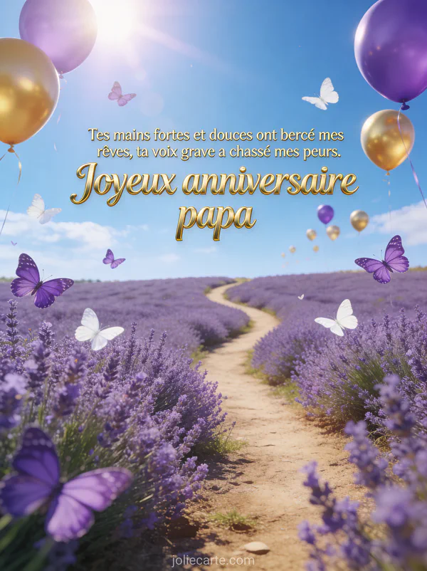 Champ de lavande en fleurs sous un ciel bleu avec papillons violets et ballons flottant au loin dans la lumière solaire