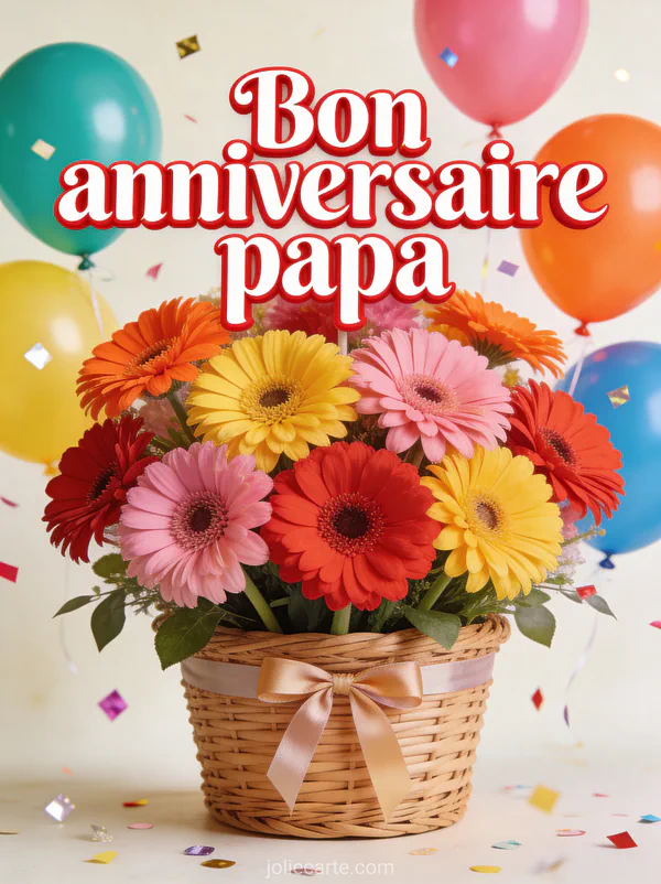 Gerberas multicolores dans un panier en osier avec ruban ballons colorés et confettis sur fond blanc lumineux