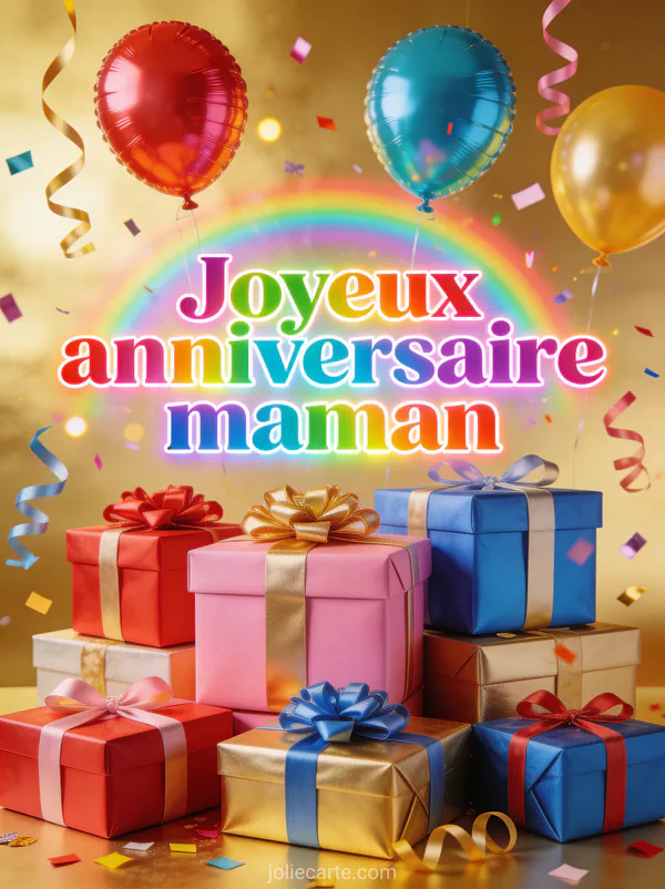 Pile de cadeaux colorés avec rubans, ballons, confettis et serpentins sur fond doré lumineux festif