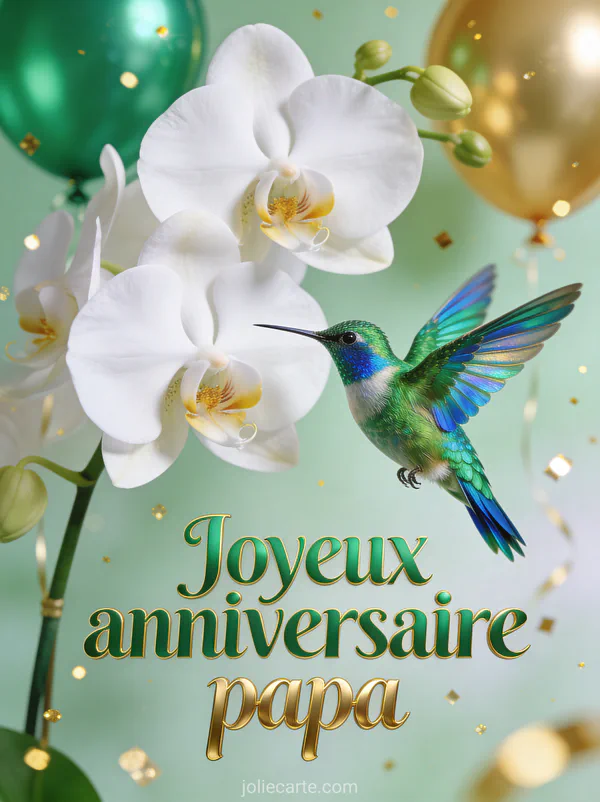 Colibri aux plumes vertes et bleues irisées près d'une orchidée blanche avec ballons dorés et paillettes