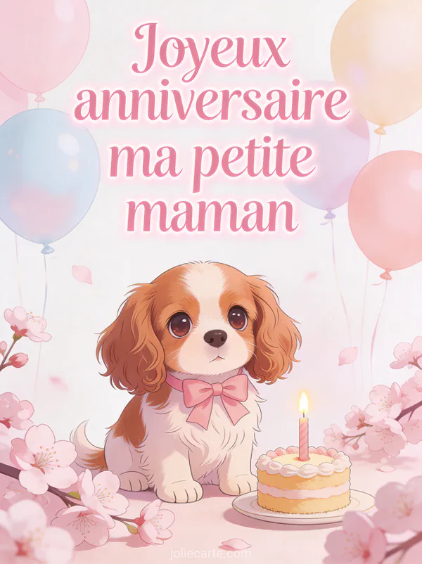 Illustration d'un chiot cavalier king charles avec nœud rose devant un gâteau entouré de fleurs de cerisier et ballons pastel