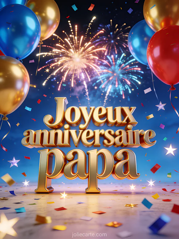 Feux d'artifice colorés explosant dans le ciel avec ballons dorés bleus et rouges confettis et étoiles brillantes