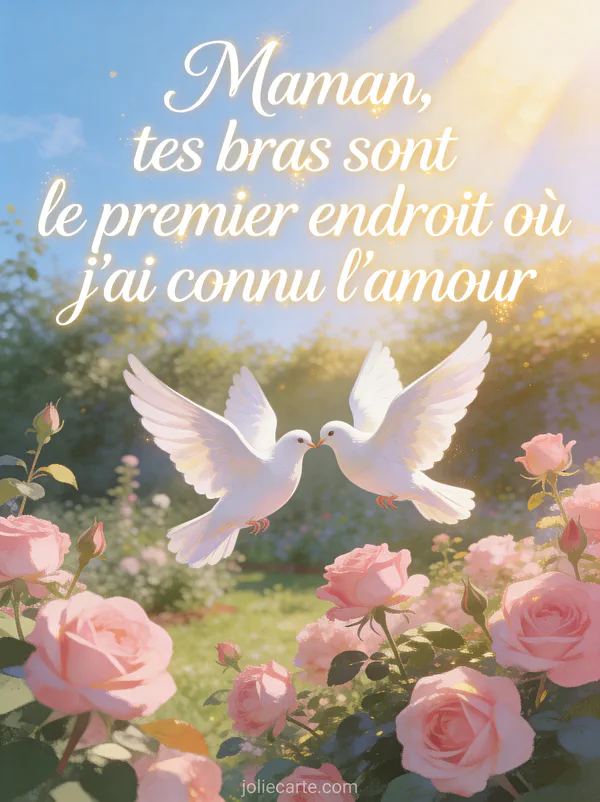 Deux colombes blanches volant au-dessus d'un jardin de roses roses avec rayons de soleil et le texte Maman tes bras sont le premier endroit où j'ai connu l'amour
