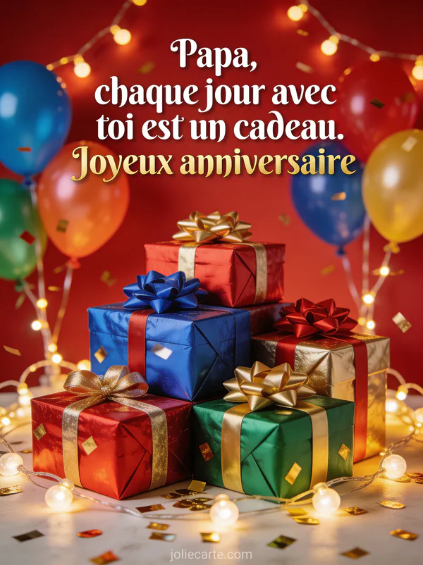 Pile de cadeaux colorés avec gros nœuds ballons multicolores guirlandes lumineuses et confettis dorés sur fond rouge festif