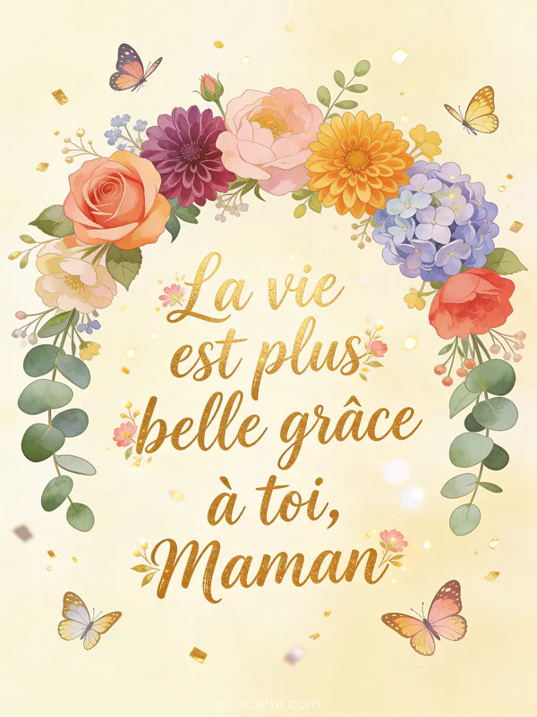 Arche de roses, dahlias et hortensias avec papillons encadrant le texte La vie est plus belle grâce à toi maman
