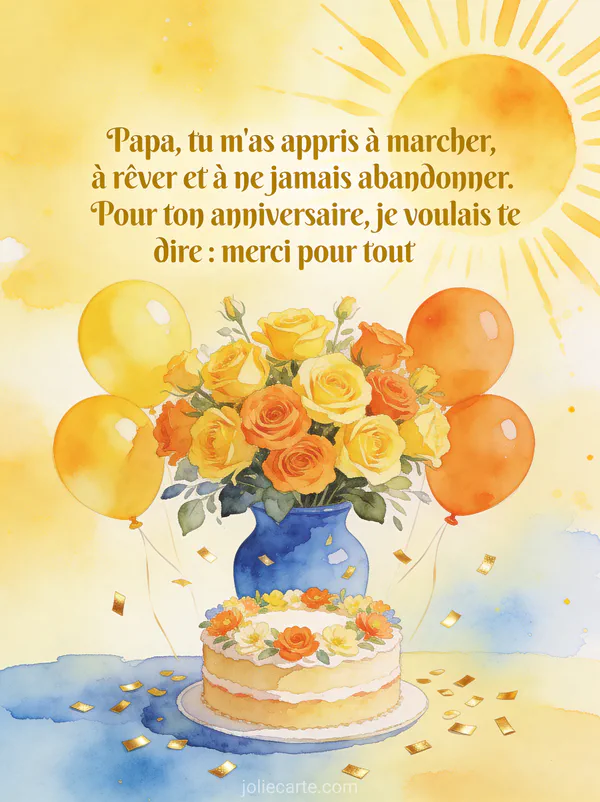 Bouquet de roses jaunes et oranges dans un vase bleu avec ballons gâteau d'anniversaire et confettis dorés sur fond jaune