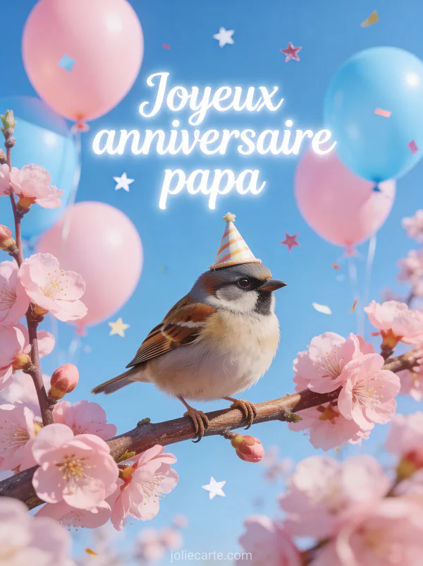 Moineau avec chapeau de fête sur une branche d'amandier en fleurs avec ballons pastels et confettis étoiles