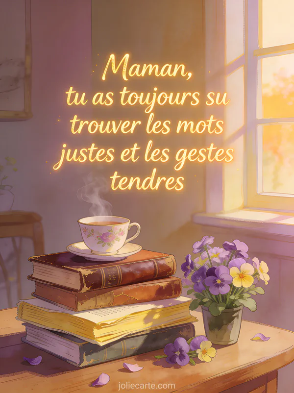 Pile de livres anciens avec tasse de thé fumante et bouquet de violettes dans une lumière chaude d'intérieur