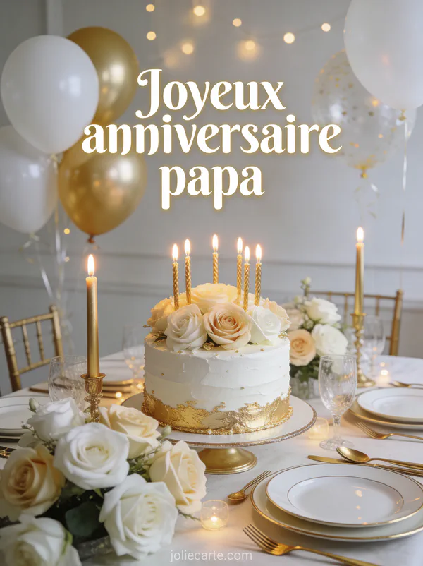 Table de fête avec gâteau blanc et doré roses blanches bougies dorées ballons blancs et couverts élégants