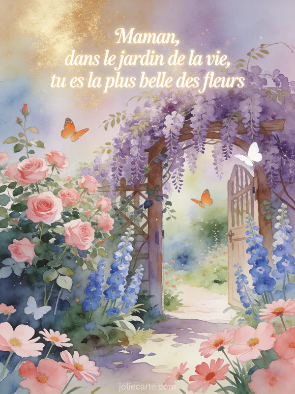 Illustration aquarelle d'un jardin avec roses trémières, delphiniums et glycine avec papillons et le texte Maman tu es la plus belle des fleurs