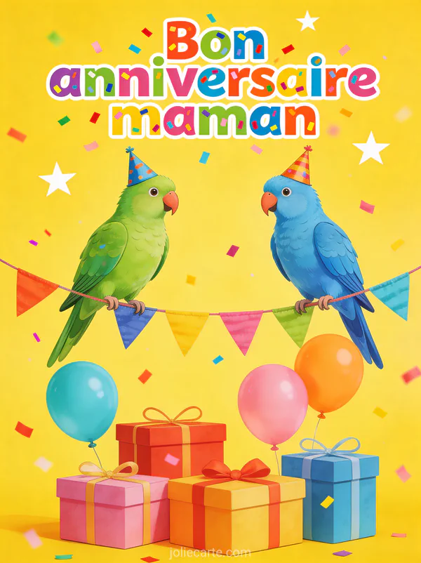 Illustration de deux perroquets colorés avec chapeaux de fête perchés sur une guirlande avec cadeaux et ballons sur fond jaune festif