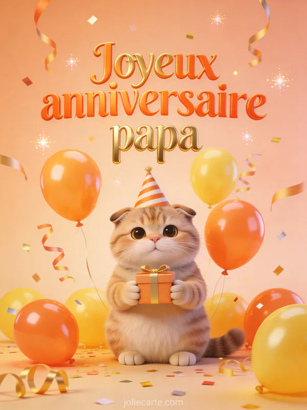 Chat scottish fold avec chapeau de fête tenant un cadeau entouré de ballons oranges et jaunes et confettis