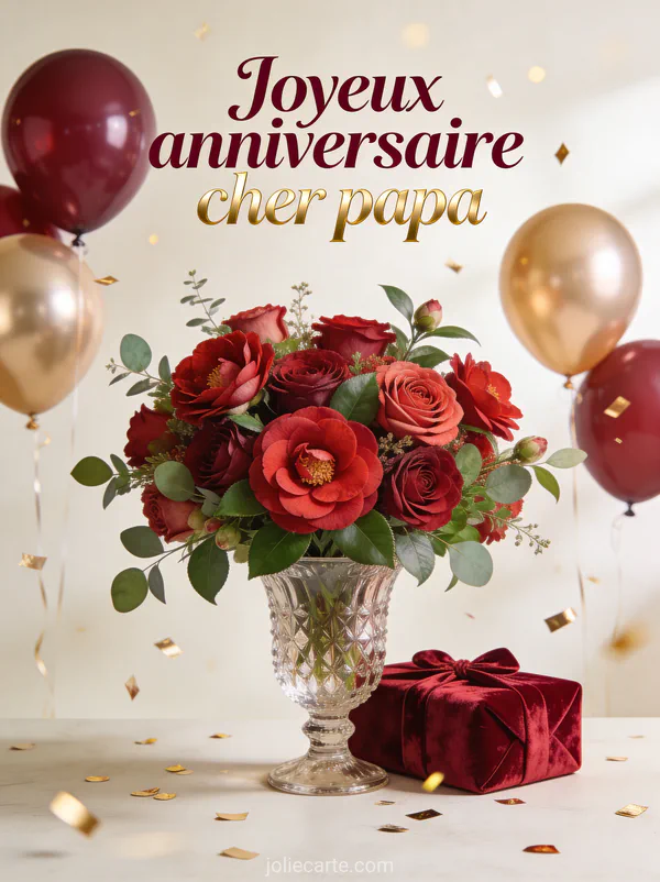 Bouquet de camélias rouges et roses dans un vase en cristal avec ballons bordeaux et dorés cadeau en velours rouge
