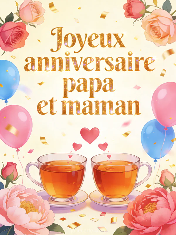 Deux tasses de thé côte à côte avec cœurs, roses et pivoines, confettis dorés et ballons roses et bleus