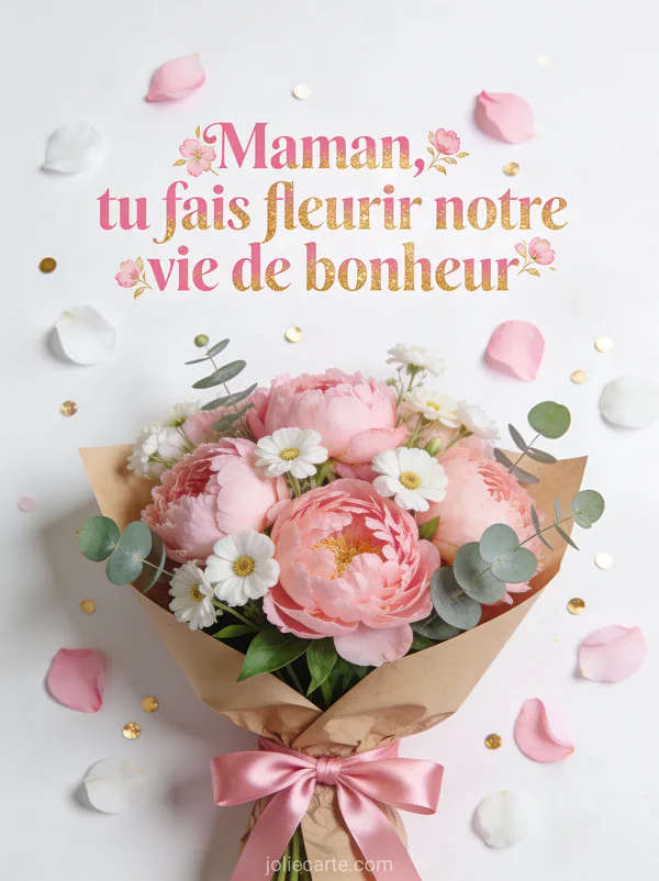 Bouquet de pivoines roses et renoncules blanches dans du papier kraft avec ruban satin et confettis dorés