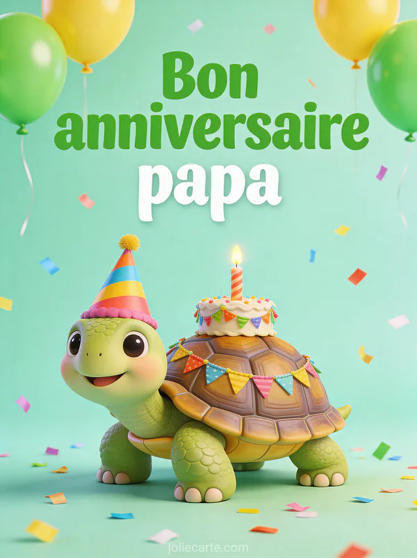 Tortue adorable avec chapeau de fête et bougie sur sa carapace décorée avec ballons verts et confettis