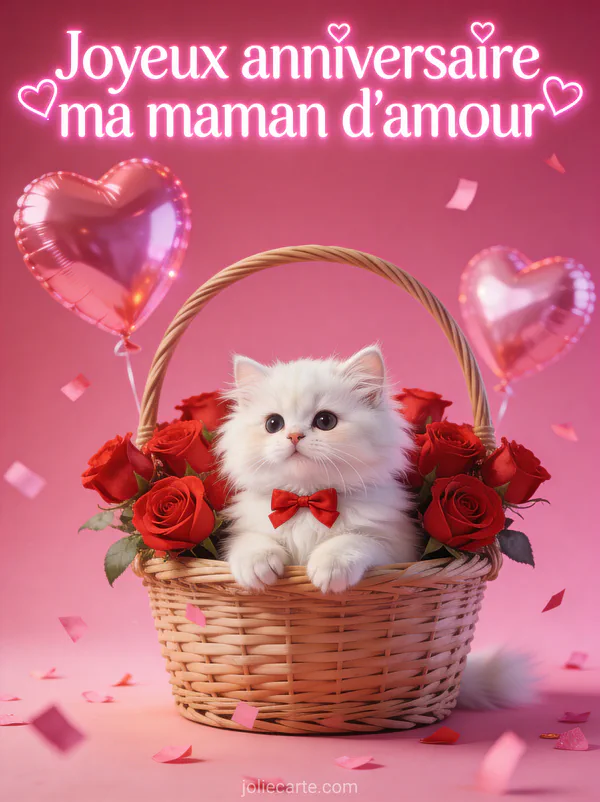Illustration d'un chaton persan blanc dans un panier de roses rouges avec ballons en cœur et confettis roses