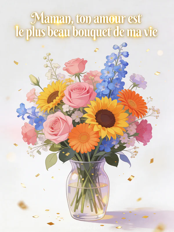 Grand bouquet de roses, tournesols, delphiniums et gerberas dans un vase transparent avec confettis dorés