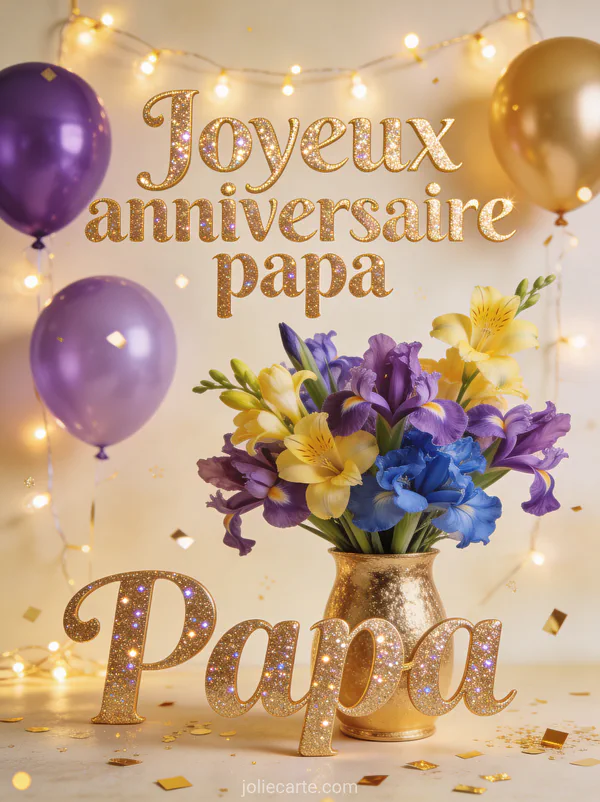 Bouquet d'iris violets et freesias jaunes dans un vase doré avec ballons guirlandes lumineuses et confettis