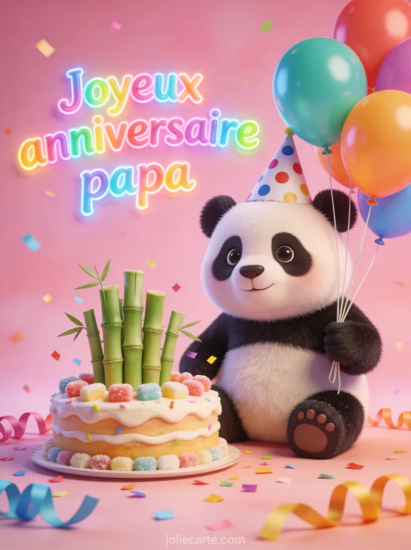 Panda adorable avec chapeau de fête tenant des ballons multicolores à côté d'un gâteau d'anniversaire et confettis