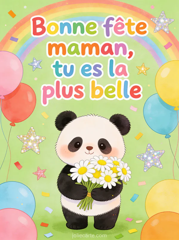 Illustration d'un petit panda tenant un bouquet de marguerites avec ballons colorés, étoiles et arc-en-ciel en fond
