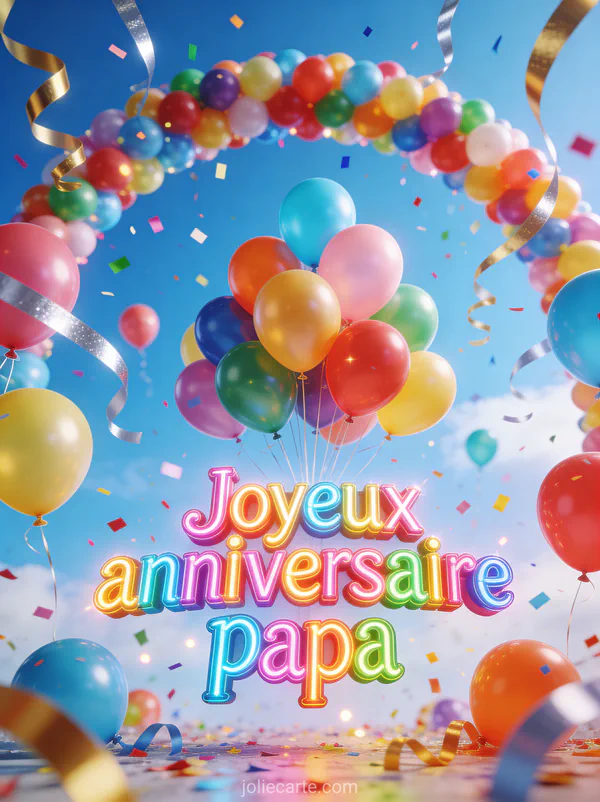 Centaines de ballons multicolores s'envolant dans un ciel bleu avec rubans dorés confettis et arc de ballons festif