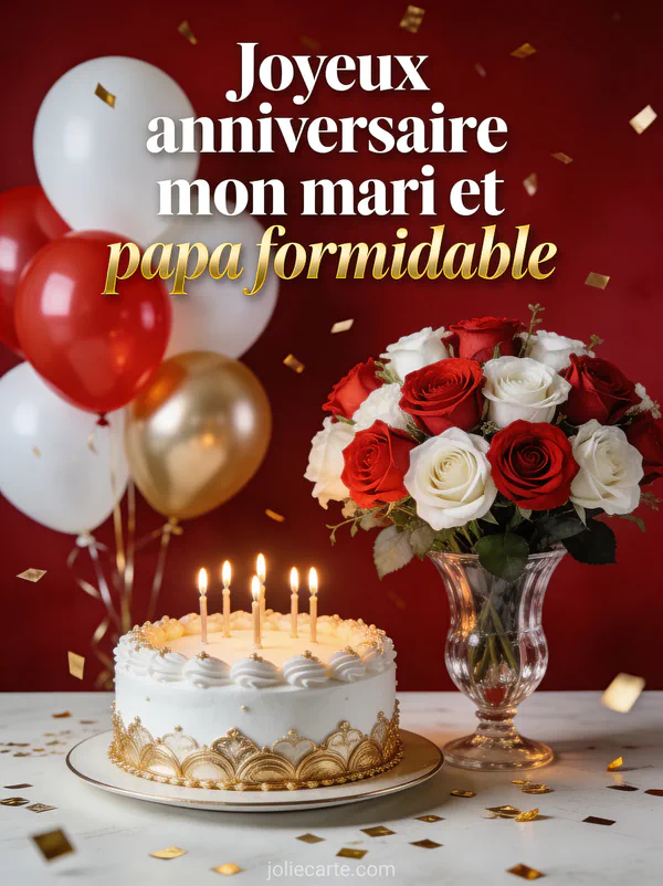 Bouquet de roses rouges et blanches avec gâteau blanc et or bougies ballons et confettis dorés sur fond rouge festif