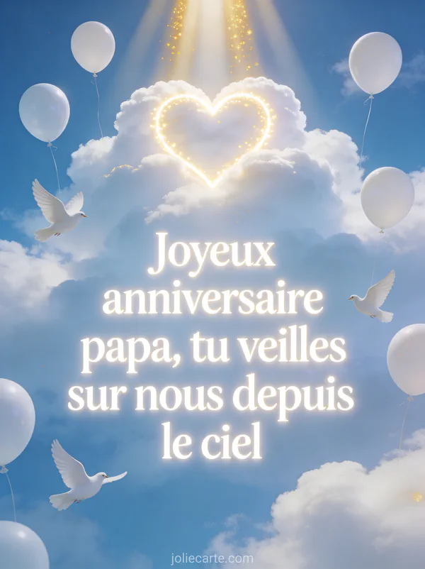Ciel bleu avec nuages en forme de cœur rayons de soleil dorés ballons blancs et colombes en vol