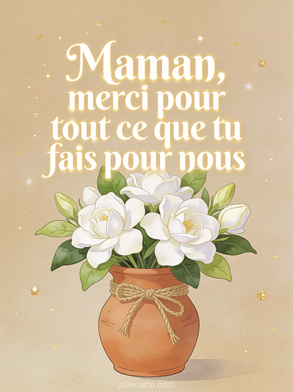 Bouquet de gardénias blancs dans un vase en terre cuite avec ruban de jute sur fond beige chaud