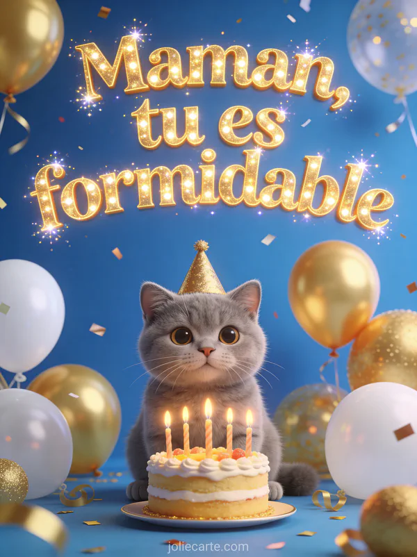 Illustration 3D d'un chat british shorthair gris avec chapeau doré devant un gâteau avec ballons dorés et confettis