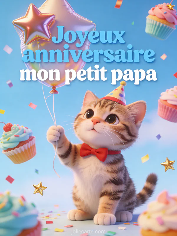 Chaton tigré avec chapeau de fête et noeud papillon rouge tenant un ballon étoile avec cupcakes et confettis
