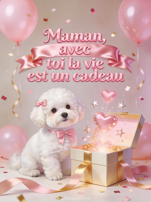 Illustration d'un chiot bichon frisé blanc avec nœud rose à côté d'une boîte cadeau avec cœurs, ballons et confettis