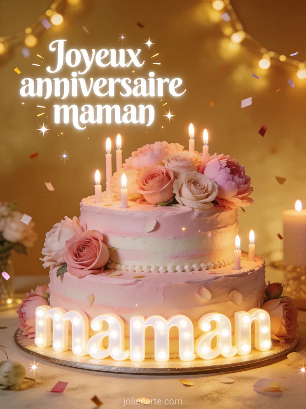 Gâteau d'anniversaire à deux étages avec glaçage rose, roses et pivoines fraîches, bougies et confettis sur fond doré