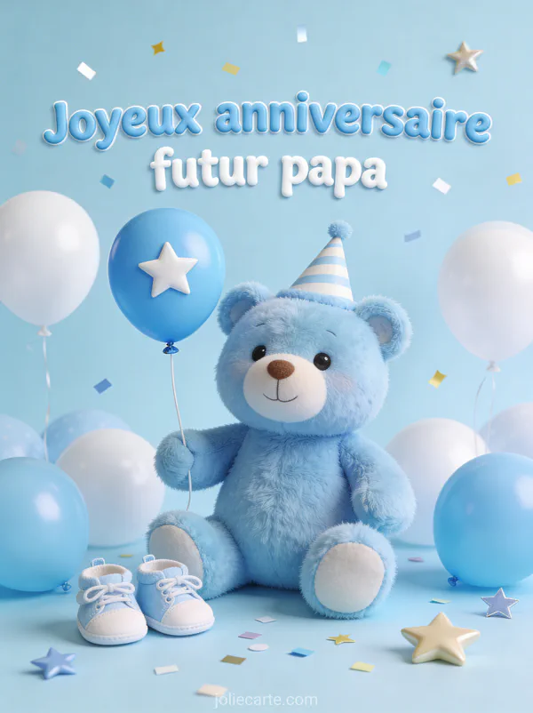 Ours en peluche bleu avec chapeau de fête tenant un ballon avec chaussons de bébé ballons bleus et confettis
