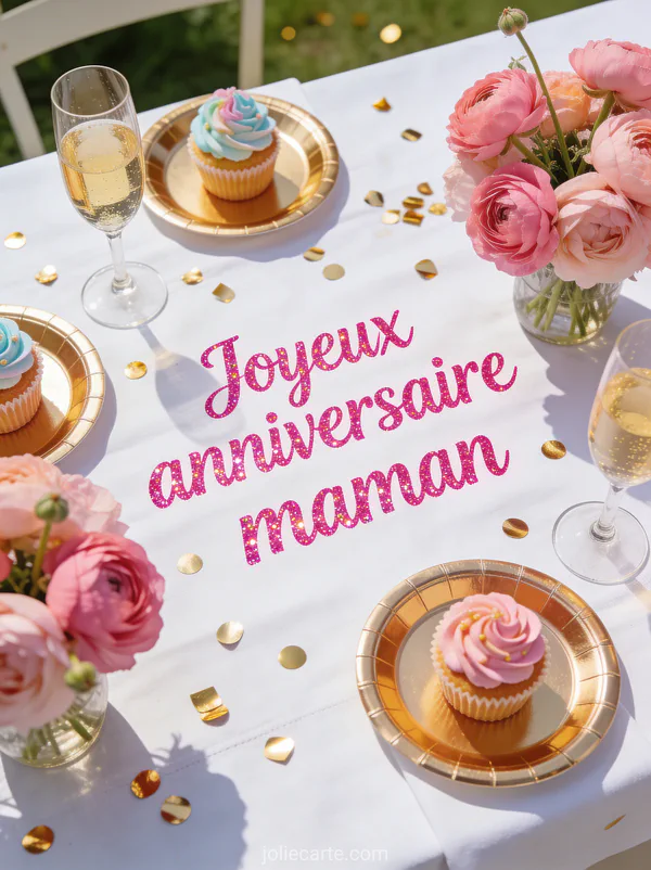 Vue plongeante sur une table d'anniversaire avec cupcakes pastel, renoncules roses, verres et confettis dorés