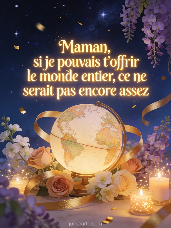 Globe terrestre miniature entouré de roses, jasmin et glycine avec bougies et étoiles sur fond bleu nuit