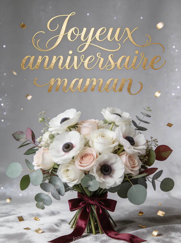 Bouquet d'anémones blanches et roses avec eucalyptus noué d'un ruban velours bordeaux sur fond gris perle avec confettis dorés